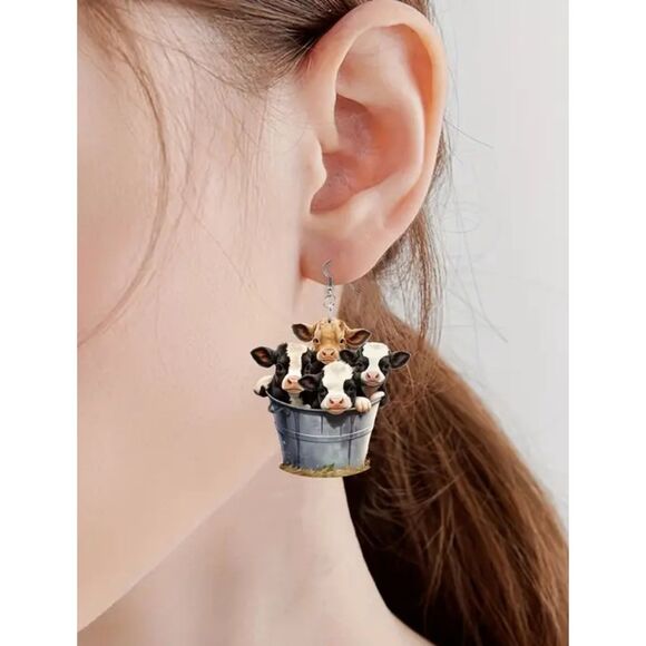 New Adorable Bucket Cow Design Dangle Acrylic Earrings - Picture 4 of 6